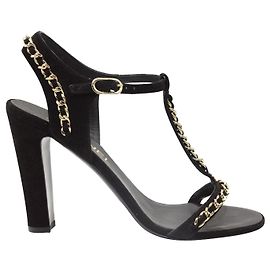 Chanel Black Suede Sandals with Golden Chain Black