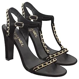 Chanel-Black Suede Sandals with Golden Chain-Black