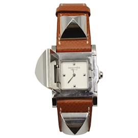 Hermès-Montre-bracelet en cuir Barenia en acier Medor-Marron