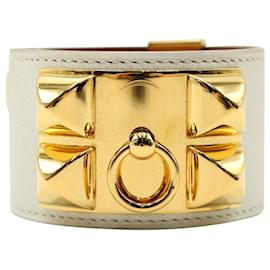 Hermès-Bracelet Collier de Chien en Cuir Swift Blanc avec Finitions Dorées-Blanc