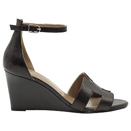 Hermès Legend Wedge Heels in Black Lizard Skin Leather Black