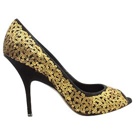 Donna Karan Escarpins peep-toe noirs avec paillettes dorées Doré Métallisé