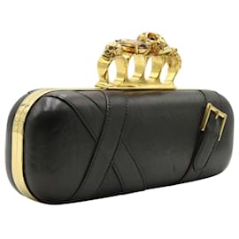 Alexander Mcqueen-Black Leather Knuckle Long Clutch with Skull Detail-Black