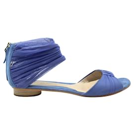 Fendi-Indigo Blue Mesh Fabric Flat Peep-Toe Sandals-Blue