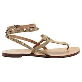 Valentino-Brown Grain Leather Rockstud Ankle Wrap Thong Sandals-Brown