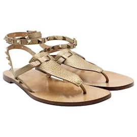 Valentino-Brown Grain Leather Rockstud Ankle Wrap Thong Sandals-Brown