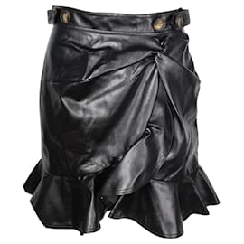 Self portrait-Black Faux Leather Flounced Mini Skirt-Black