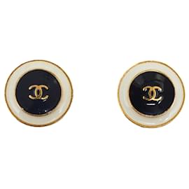 Chanel-Chanel Black Enamel CC Clip-On Earrings-Black,Golden