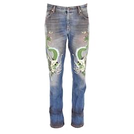 Gucci-Jeans Dragão Bordado Gucci em Algodão Azul-Azul