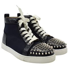 Christian Louboutin-Denim Lou Spikes Orlato Flat High-Top Sneakers-Blue