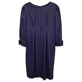Burberry-Burberry Pleated Knee Length Dress in Navy Blue Wool-Blue,Navy blue