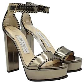 Jimmy Choo-Gunmetal Metallic Leather High Heel Sandals-Metallic