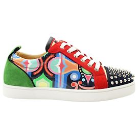 Christian Louboutin Multicolor Printed Patent Leather and Suede Louis Junior Spike Low Top Sneakers  Other