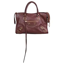 Balenciaga-Burgundy Neo Cagole S studded leather City bag-Dark red