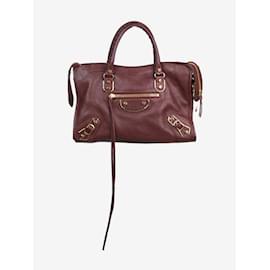 Balenciaga-Burgundy Neo Cagole S studded leather City bag-Dark red