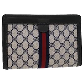 Gucci-GUCCI GG Canvas Sherry Line Clutch Bag Gray Red Navy 04 014 2125 23 Auth ep1574-Red,Grey,Navy blue