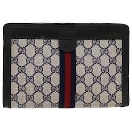 Gucci-GUCCI GG Canvas Sherry Line Clutch Bag Gray Red Navy 04 014 2125 23 Auth ep1574-Red,Grey,Navy blue