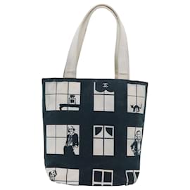 Chanel-CHANEL Window Line Tote Bag Toile Blanc Noir CC Auth bs8006-Noir,Blanc