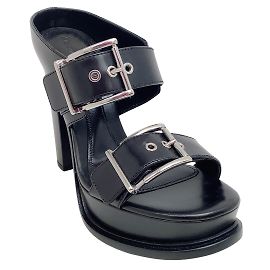 Alexander McQueen Sandales à plateforme en cuir noir avec boucles argentées Noir