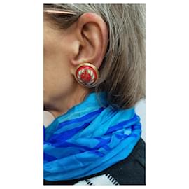 Hermès-Boucles d'oreilles-Rouge,Doré