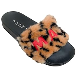 Marni-Marni Camel / Black Leopard Faux Fur Embroidered Logo Slide Sandals-Brown