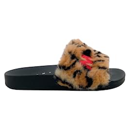Marni-Marni Camel / Schwarze Slide-Sandalen mit aufgesticktem Logo aus Kunstfell und Leopardenmuster-Braun