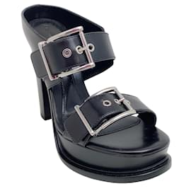 Alexander Mcqueen-Alexander McQueen Black Leather Platform Sandals with Silver Buckles-Black