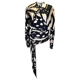 Prabal Gurung-Prabal Gurung Black / White Printed Sash Detail Long Sleeved Viscose Blouse-Black