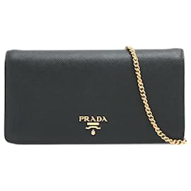 Prada-Black leather wallet on chain with gold-toned detailing-Black