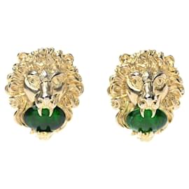 Gucci-GUCCI Orecchini a clip con testa di leone e cabochon verde-D'oro,Verde