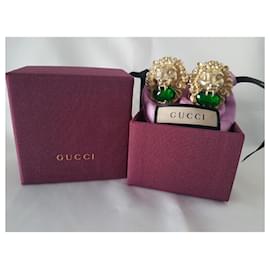 Gucci-GUCCI Lion head clip-on earrings with green cabochon-Golden,Green