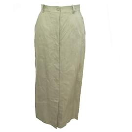Hermès-HERMES LONG STRAIGHT LINEN SKIRT 34 XS KHAKI STRAIGHT LONG BUTTON SKIRT-Khaki