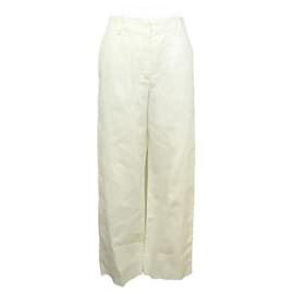 Hermès-HERMES WIDE high waisted TROUSERS T36 S IN WHITE LINEN LINEN WIDE PANTS-White