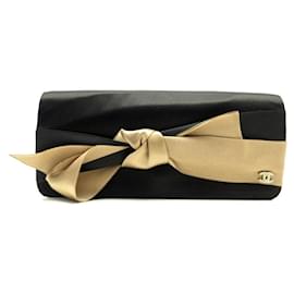Chanel-NEW CHANEL BOW POUCH HANDBAG IN BLACK & GOLD SATIN CLUTCH BAG-Other