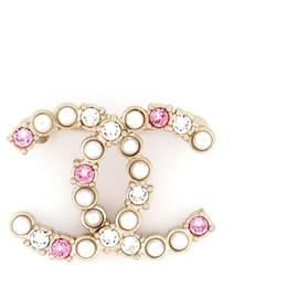 Chanel-NEW CHANEL BROOCH CC LOGO STRASS & MULTICOLOR PEARL GOLD METAL BROOCH-Golden