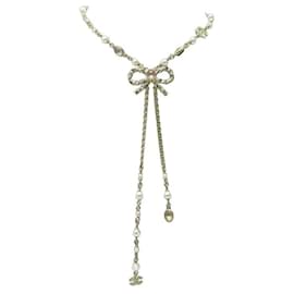 Chanel-COLLIER CHANEL NOEUD A STRASS ET PERLES PIERRES 38 46CM PEARL BOW NECKLACE-Doré