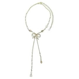 Chanel-COLLIER CHANEL NOEUD A STRASS ET PERLES PIERRES 38 46CM PEARL BOW NECKLACE-Doré