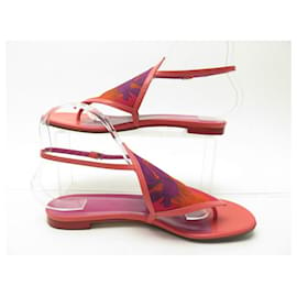 Hermès-HERMES SHOES ORIGAMI FLIP-FLOP SANDALS 38 CANVAS & LEATHER FLIP FLOPS SHOES-Pink