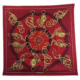 Hermès-VINTAGE HERMES SCARF WITH HORSE AND COAT OF ARM PATTERN IN RED SILK RED SILK SCARF-Red
