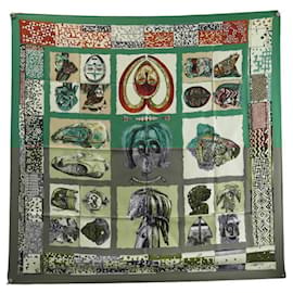 Hermès-VINTAGE SCARF HERMES PERSONA LOIC DUBIGEON SILK GREEN GREEN SILK SCARF-Green