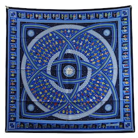 Hermès-HERMES SCARF GIVE THE HAND PETROSSIAN SQUARE 90 SILK BLUE SILK SCARF-Navy blue