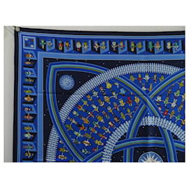 Hermès-HERMES SCARF GIVE THE HAND PETROSSIAN SQUARE 90 SILK BLUE SILK SCARF-Navy blue