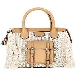 Chloé Bolsa de dia médio Chloe Edith Fringe em linho bege e couro de bezerro bege Bege
