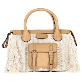 Chloé-Chloe Edith Fringe Medium Day Bag in Beige Linen and Tan calf leather Leather-Beige