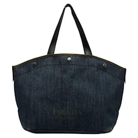 Prada-Prada Canvas Leather Logo Print Denim Handbag Shoulder Bag in Very Good Condition-Blue