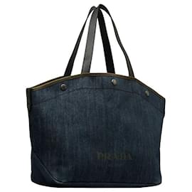 Prada-Prada Canvas Leather Logo Print Denim Handbag Shoulder Bag in Very Good Condition-Blue