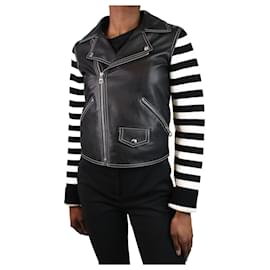 Loewe-Black leather biker jacket with striped sleeves - size FR 34-Black