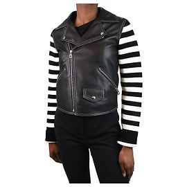 Loewe Schwarze Leder-Bikerjacke mit gestreiften Ärmeln – Größe FR 34 Schwarz