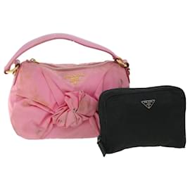 Prada-PRADA ribbon Pouch Hand Bag Nylon 2Set Pink Black Auth bs8125-Black,Pink