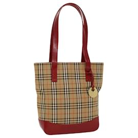 Burberry-BURBERRY Nova Check Tote Bag Nylon Leather Beige Red Auth 52434-Red,Beige